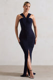 Aida Navy Ruched V-Neck Split Maxi Dress