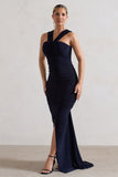 Aida Navy Ruched V-Neck Split Maxi Dress