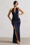 Sacha Navy Satin Corset Style Maxi Dress With Wrap Skirt