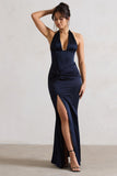 Sacha Navy Satin Corset Style Maxi Dress With Wrap Skirt