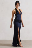 Sacha Navy Satin Corset Style Maxi Dress With Wrap Skirt