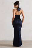 Sacha Navy Satin Corset Style Maxi Dress With Wrap Skirt