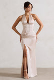 Sacha Champagne Satin Corset Style Maxi Dress With Wrap Skirt