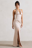 Sacha Champagne Satin Corset Style Maxi Dress With Wrap Skirt