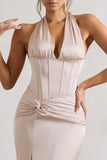 Sacha Champagne Satin Corset Style Maxi Dress With Wrap Skirt