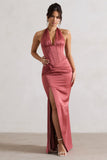 Sacha Rose Pink Satin Corset Style Maxi Dress With Wrap Skirt