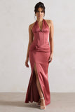 Sacha Rose Pink Satin Corset Style Maxi Dress With Wrap Skirt