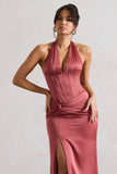 Sacha Rose Pink Satin Corset Style Maxi Dress With Wrap Skirt