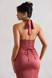 Sacha Rose Pink Satin Corset Style Maxi Dress With Wrap Skirt