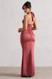 Sacha Rose Pink Satin Corset Style Maxi Dress With Wrap Skirt