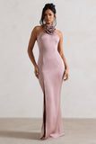 Cesca Blush Pink Satin Halter-Neck Maxi Dress With Flower Corsage