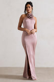 Cesca Blush Pink Satin Halter-Neck Maxi Dress With Flower Corsage