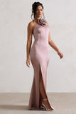 Cesca Blush Pink Satin Halter-Neck Maxi Dress With Flower Corsage