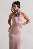 Cesca Blush Pink Satin Halter-Neck Maxi Dress With Flower Corsage