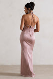 Cesca Blush Pink Satin Halter-Neck Maxi Dress With Flower Corsage
