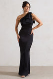 Lady Black Satin One Shoulder Maxi Dress With Bow