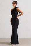 Lady Black Satin One Shoulder Maxi Dress With Bow