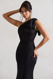 Lady Black Satin One Shoulder Maxi Dress With Bow