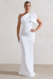 Lady White Satin One Shoulder Maxi Dress With Bow