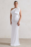 Lady White Satin One Shoulder Maxi Dress With Bow