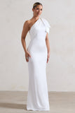 Lady White Satin One Shoulder Maxi Dress With Bow