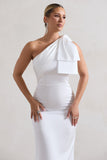 Lady White Satin One Shoulder Maxi Dress With Bow