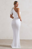 Lady White Satin One Shoulder Maxi Dress With Bow