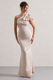 Lady Champagne Satin One Shoulder Maxi Dress With Bow