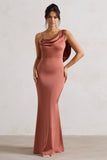 Wistful Rust Satin Asymmetric Cowl-Neck Maxi Dress