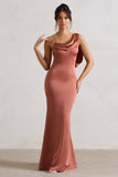 Wistful Rust Satin Asymmetric Cowl-Neck Maxi Dress