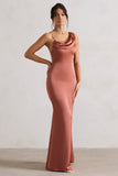 Wistful Rust Satin Asymmetric Cowl-Neck Maxi Dress