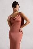 Wistful Rust Satin Asymmetric Cowl-Neck Maxi Dress