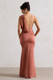 Wistful Rust Satin Asymmetric Cowl-Neck Maxi Dress