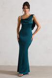 Wistful Dark Green Satin Asymmetric Cowl-Neck Maxi Dress