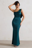 Wistful Dark Green Satin Asymmetric Cowl-Neck Maxi Dress