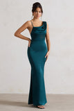 Wistful Dark Green Satin Asymmetric Cowl-Neck Maxi Dress