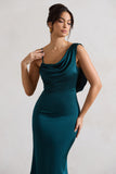 Wistful Dark Green Satin Asymmetric Cowl-Neck Maxi Dress