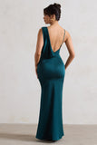 Wistful Dark Green Satin Asymmetric Cowl-Neck Maxi Dress