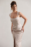 A Romantic Champagne Satin Corset Wrap Maxi Dress