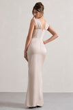 A Romantic Champagne Satin Corset Wrap Maxi Dress