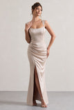 A Romantic Champagne Satin Corset Wrap Maxi Dress