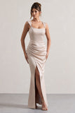 A Romantic Champagne Satin Corset Wrap Maxi Dress