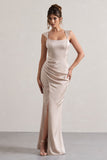 A Romantic Champagne Satin Corset Wrap Maxi Dress