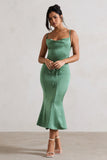 Just A Moment Soft Green Satin Cowl-Neck Midi Dress With Tie Waist