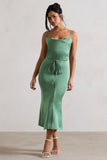 Just A Moment Soft Green Satin Cowl-Neck Midi Dress With Tie Waist