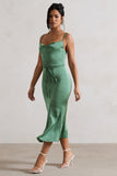 Just A Moment Soft Green Satin Cowl-Neck Midi Dress With Tie Waist