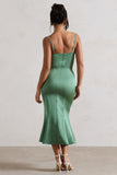 Just A Moment Soft Green Satin Cowl-Neck Midi Dress With Tie Waist