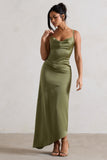 Santi Olive Green Satin Cowl-Neck Asymmetric Maxi Dress