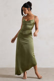Santi Olive Green Satin Cowl-Neck Asymmetric Maxi Dress
