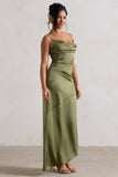 Santi Olive Green Satin Cowl-Neck Asymmetric Maxi Dress